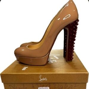 Christian Louboutin Nude/Rouge Patent Studded Taclou Platform Pumps Size 42